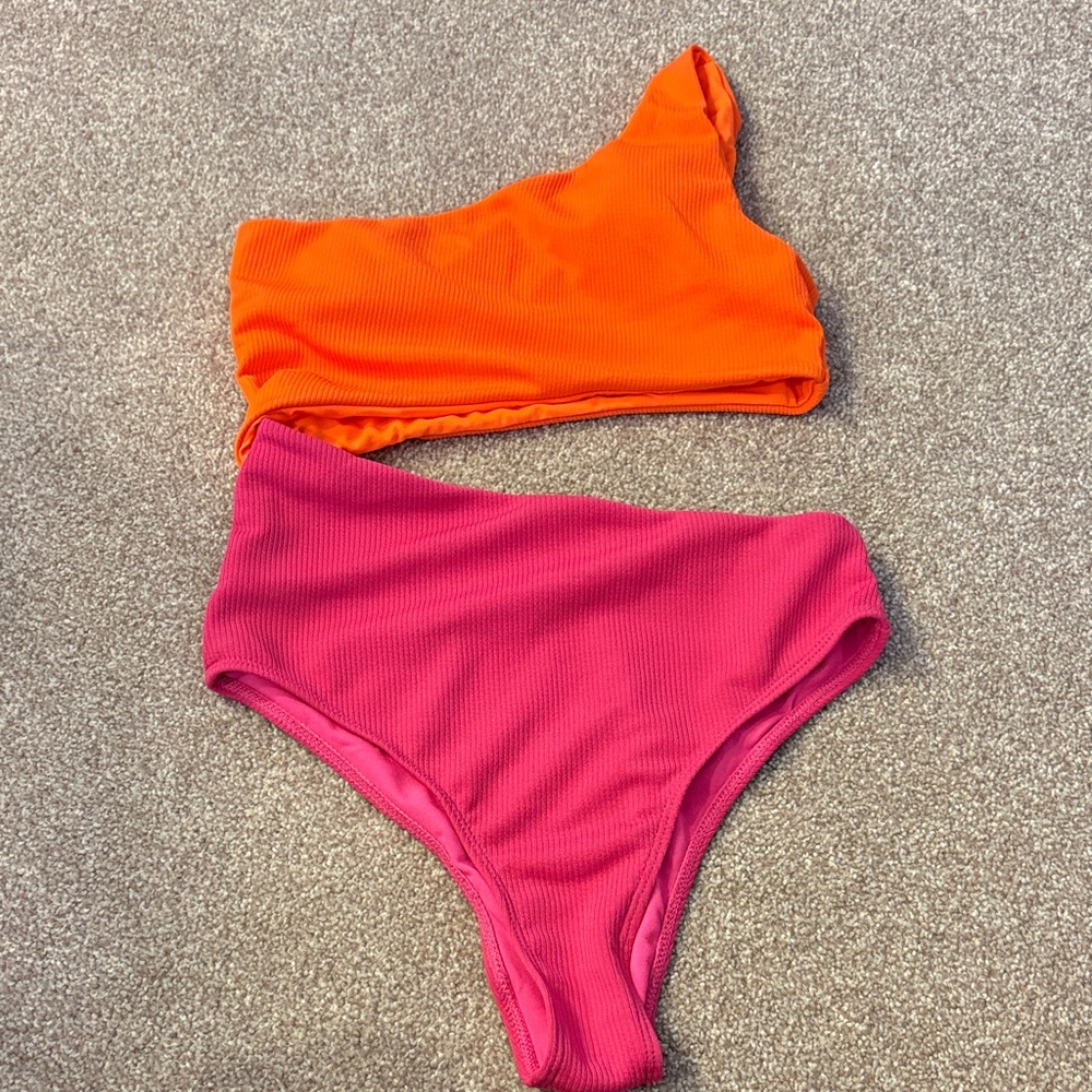 Orange and Pink One-Shoulder Bikini